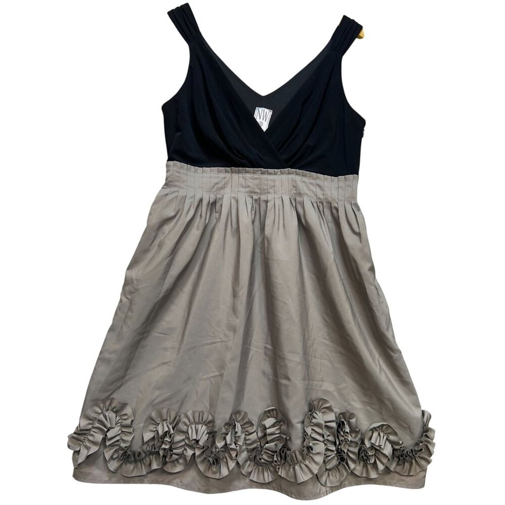 NW Collections Women's Ruffle A-Line Mini Dress Wrap V Neck Size 10 Gray Black
